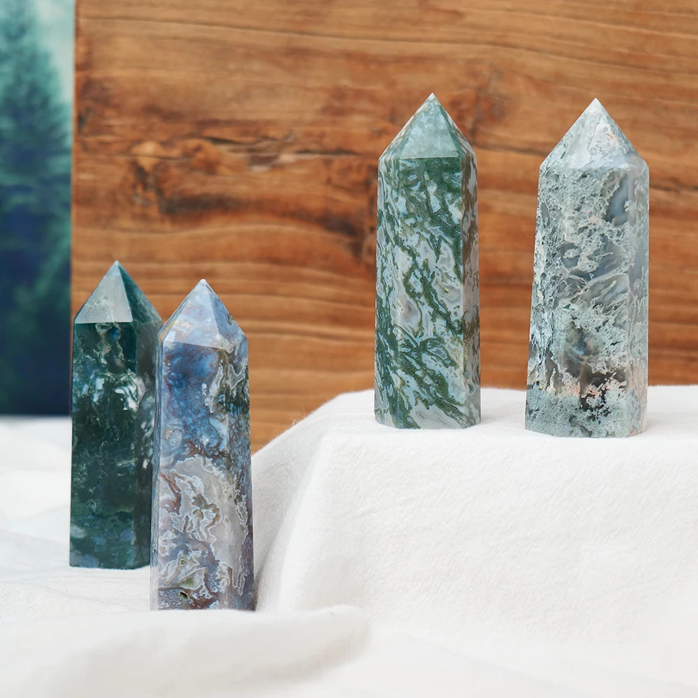 Columna de punto de ágata de musgo de cristal Natural, piedra curativa, adorno de torre de cuarzo energético, decoración.