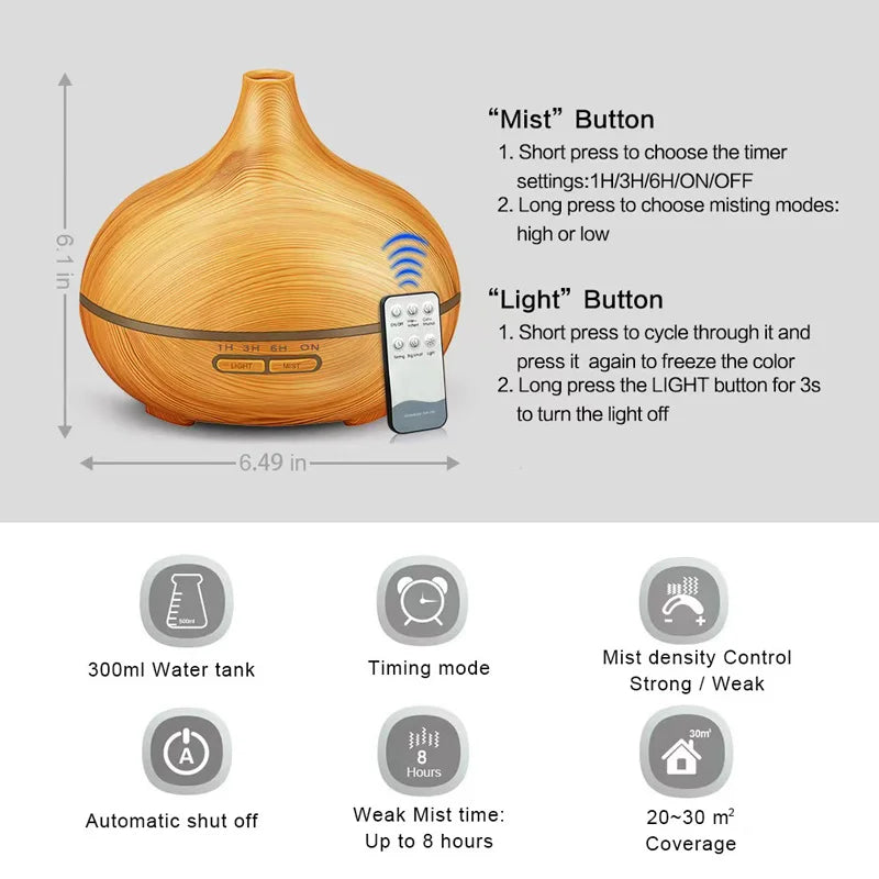 Difusor de aceites esenciales con control remoto - Simulación a madera - Aromaterapia