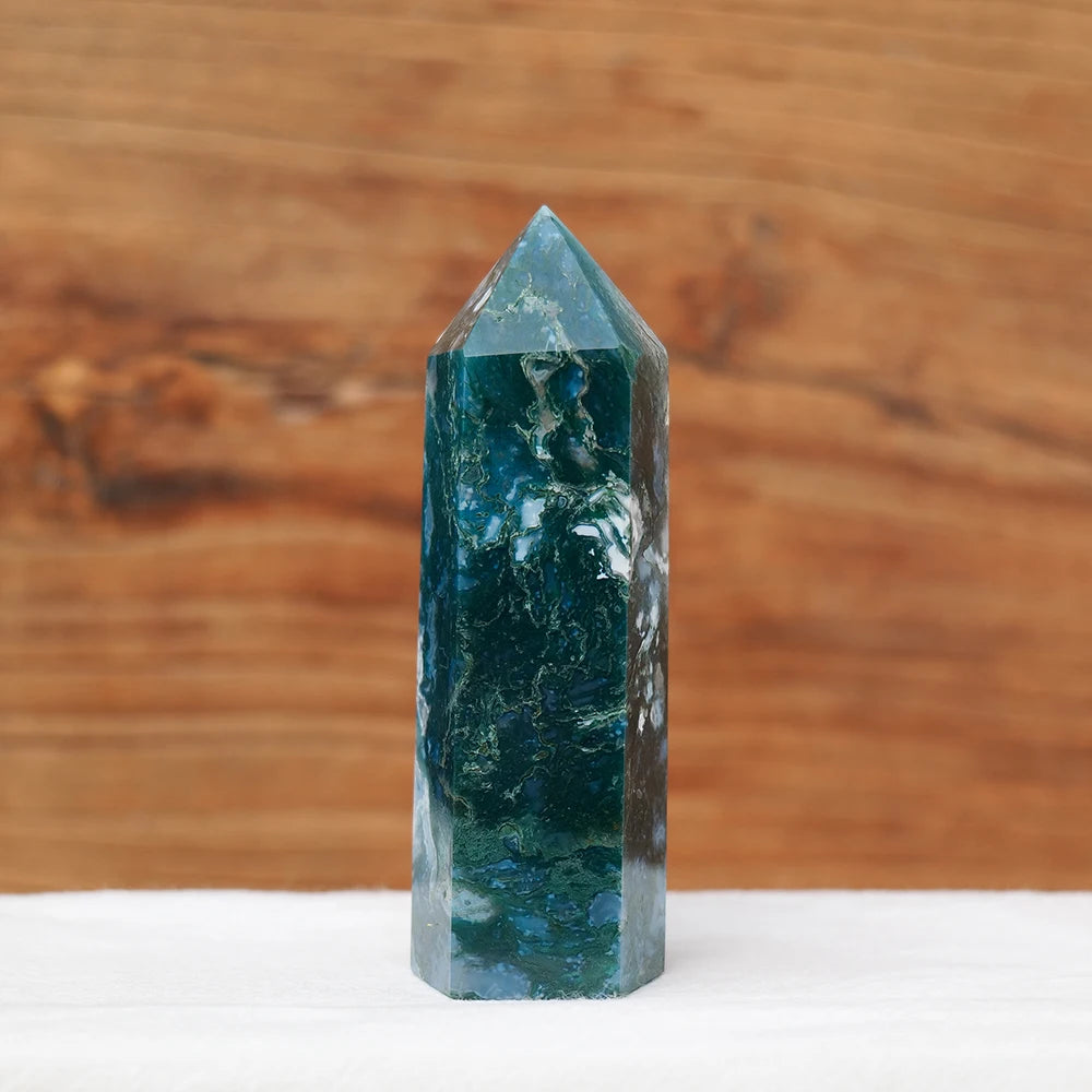 Natural Crystal Moss Agate Point Column Healing Stone Energy Quartz Tower Ornament Decoration