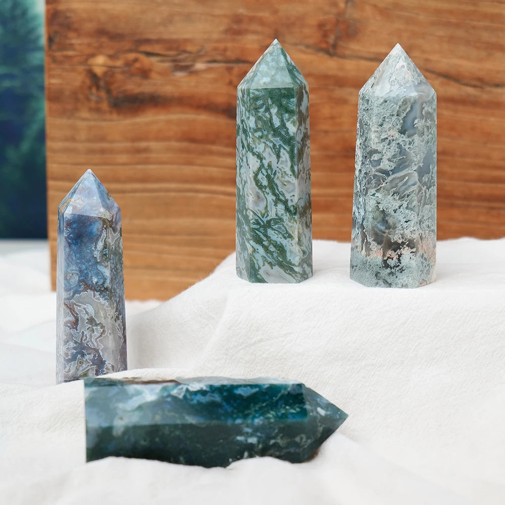 Natural Crystal Moss Agate Point Column Healing Stone Energy Quartz Tower Ornament Decoration