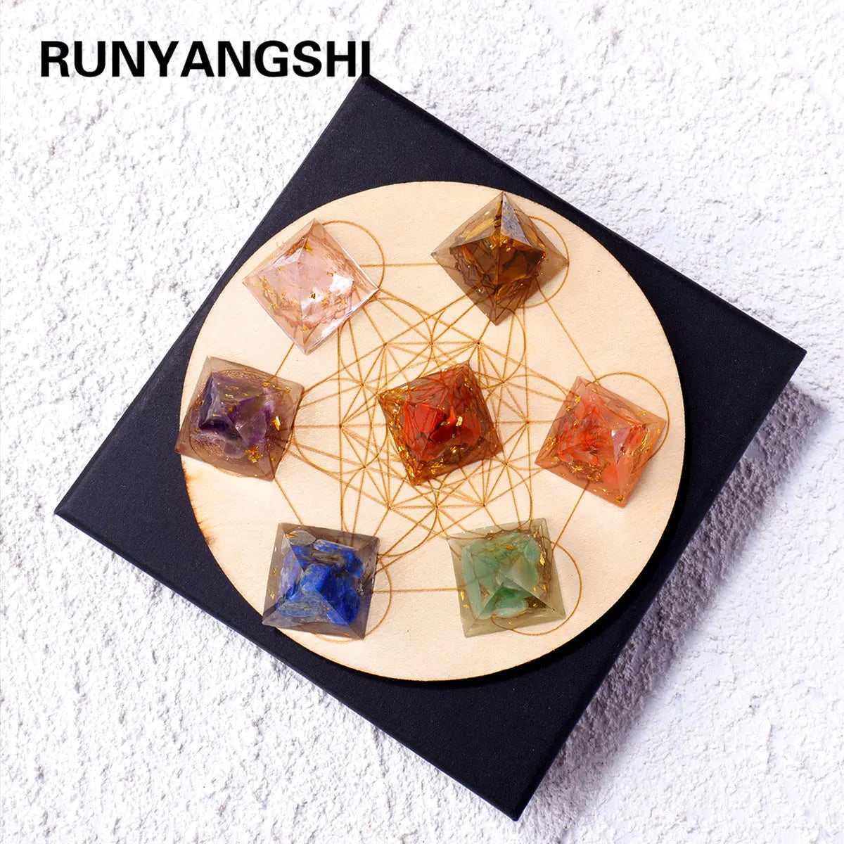 7pcs/set Natural Stone 2cm Pyramid Seven Chakra Crystal Gift Box Chakras Yoga Treatment Gemstone Quartz With Wooden base