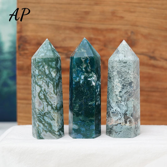 Natural Crystal Moss Agate Point Column Healing Stone Energy Quartz Tower Ornament Decoration