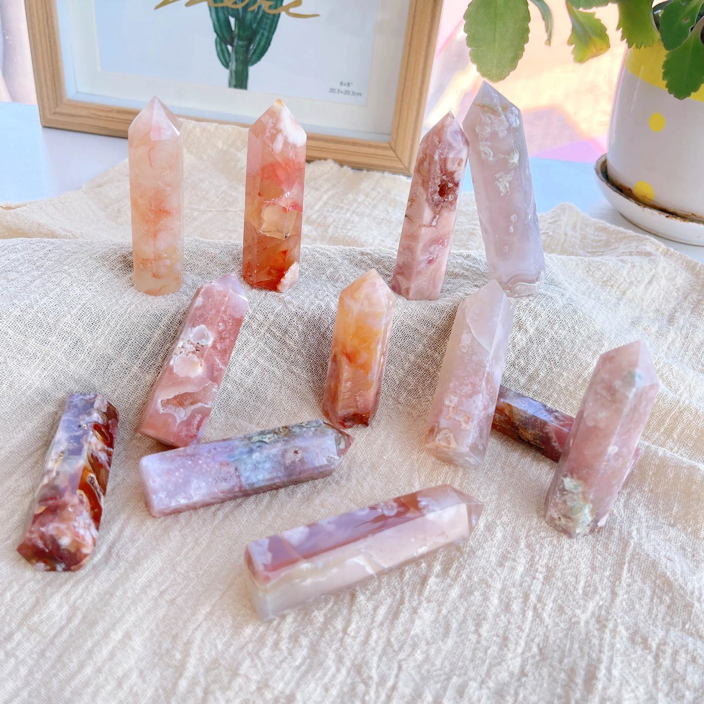 Natural Rose Quartz Crystal Tower Cherry Agate Energy Reiki Gift Decoration