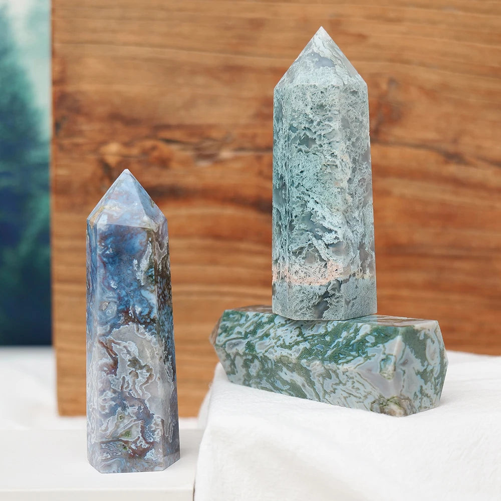 Natural Crystal Moss Agate Point Column Healing Stone Energy Quartz Tower Ornament Decoration