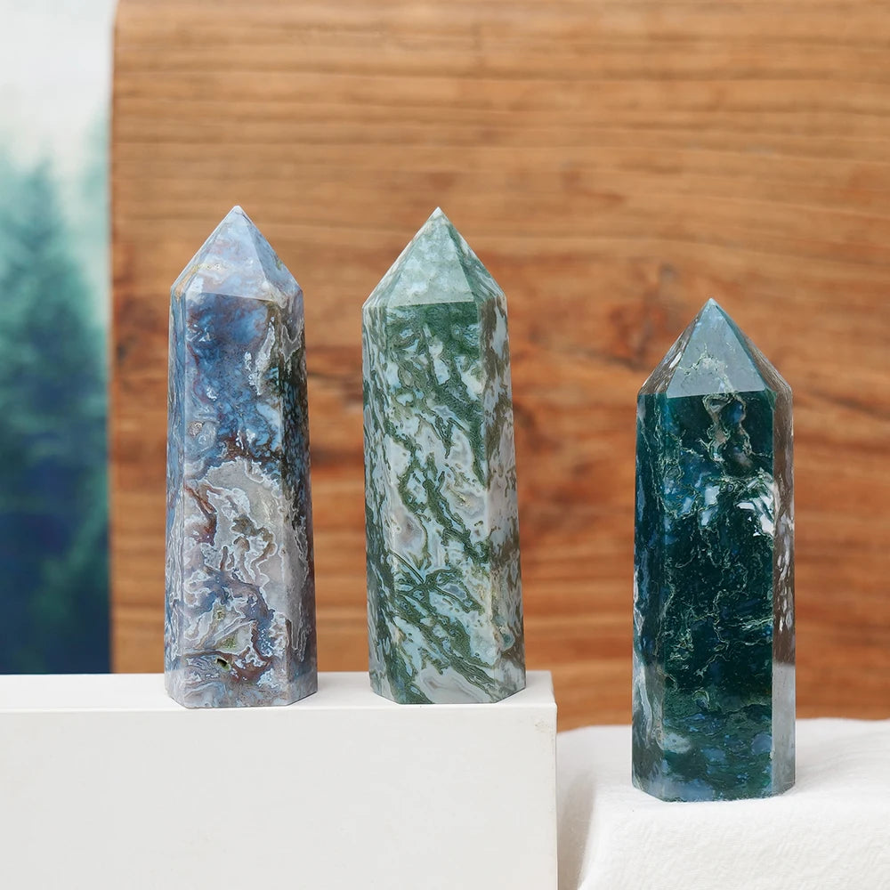 Natural Crystal Moss Agate Point Column Healing Stone Energy Quartz Tower Ornament Decoration