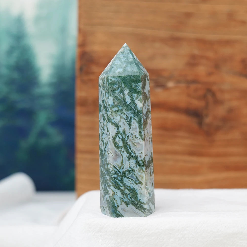 Natural Crystal Moss Agate Point Column Healing Stone Energy Quartz Tower Ornament Decoration